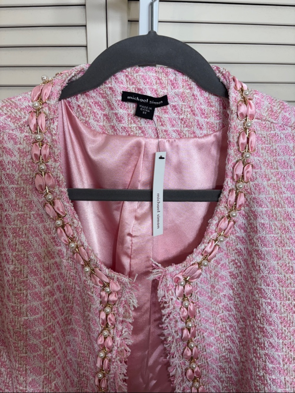 NWT Michael Simon Pink Tweed Ribbon & Pearls Fringe Jacket 3X - Picture 4 of 13